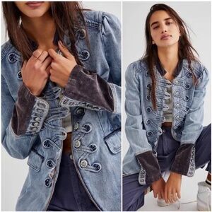 Free People Military-Style Denim Jacket with Navy Accents